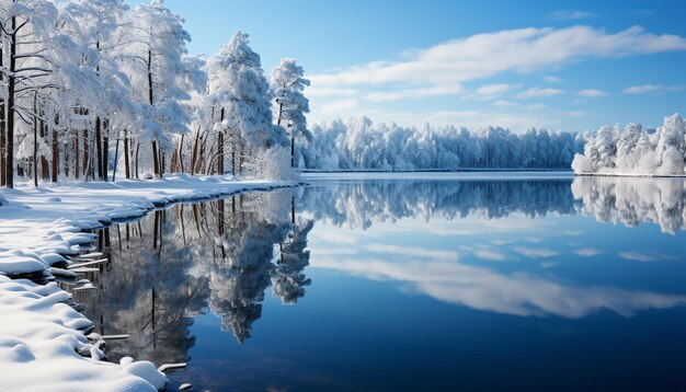 写真 冬の風景 青い空 雪に覆われた木々 冷凍した池の静かな反射 aiによって生成された