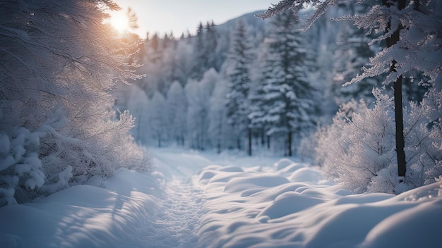 冬景色 穏やかな天気 雪の中の森 静けさと静けさ