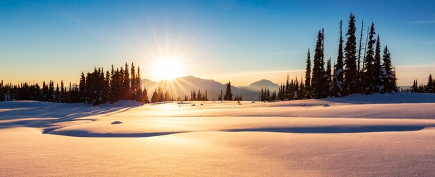 Winter landscape in canadian mountain landscape colorful sunset