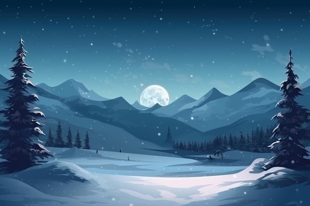 Winter landscape cartoon illustration snowing background Generative Ai