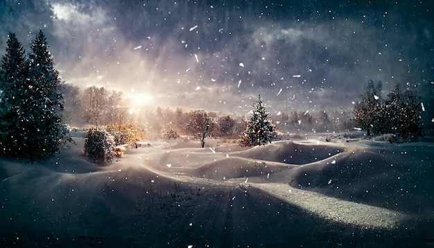 Winter landscape Christmas trees in the snow Snowfall in nature winter nature winter forest 3D illustration