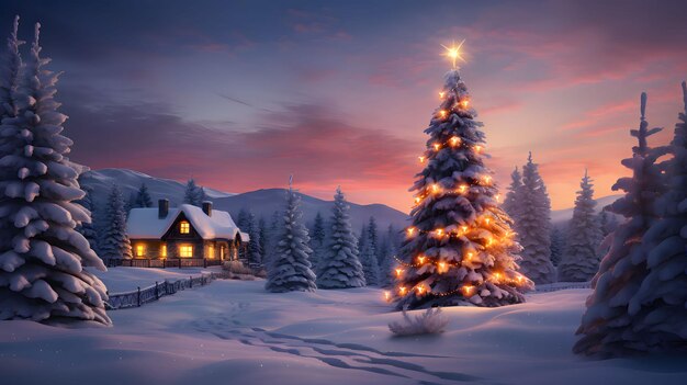 Foto un paesaggio invernale all'alba un albero di natale con luci e una casa di legno in lontananza uno striscione di natale con spazio per il proprio contenuto