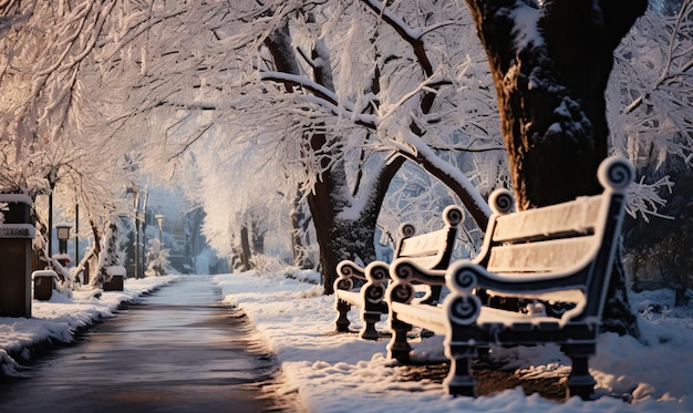 Winter landscape empty alley with benches Selective soft focus