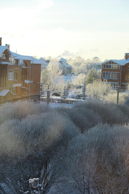 Winter landscape Fairytale beauty of snowcovered streets Snowfall and cooling in tourist areas