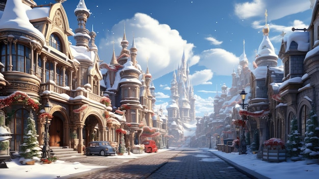 A winter landscape in a fictional city a street and houses with snowcovered roofs merry christmas