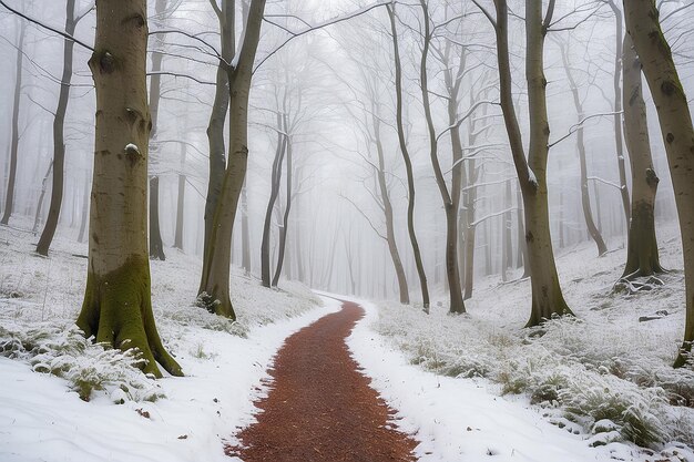 Foto paesaggio invernale sentiero a piedi attraverso la foresta di faggi coperta di neve