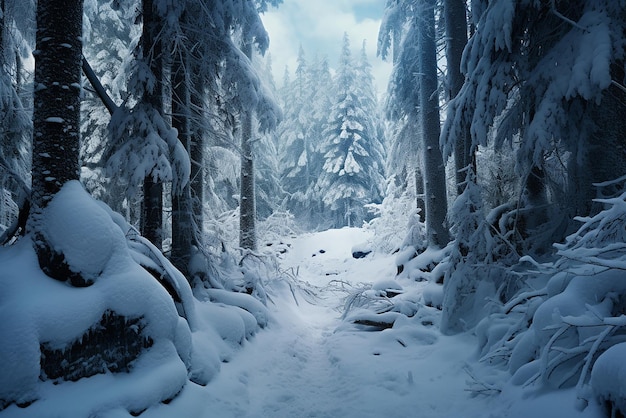 A winter landscape in a forest with a lot of snow