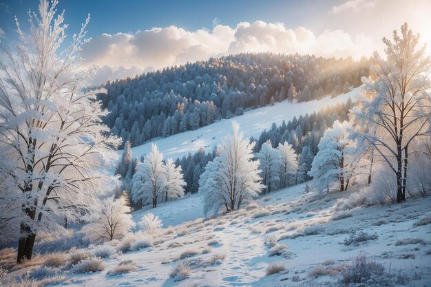 Winter landscape frosty trees in the forest nature covered with snow beautiful seasonal natural background