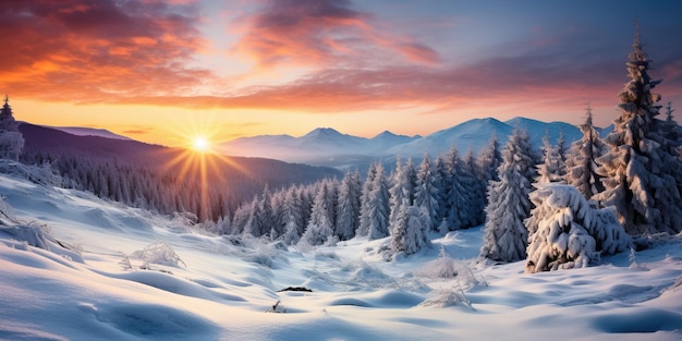 winter landscape glowing by sunlight