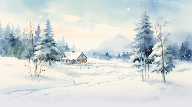 A winter landscape of a house in the forest watercolor painting