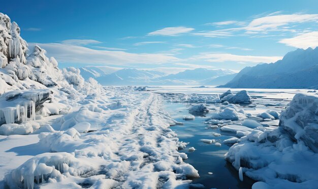 Winter landscape Ice on the background of mountains