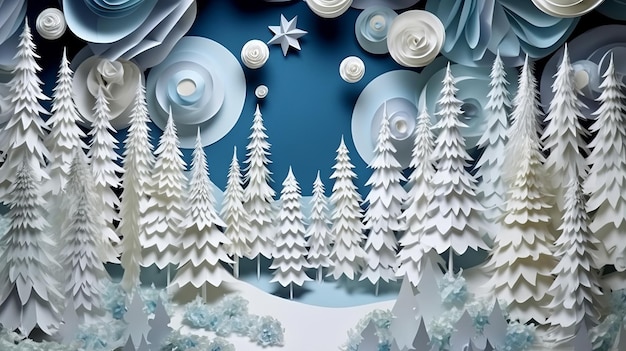 Winter landscape illustration background in origami folded papers