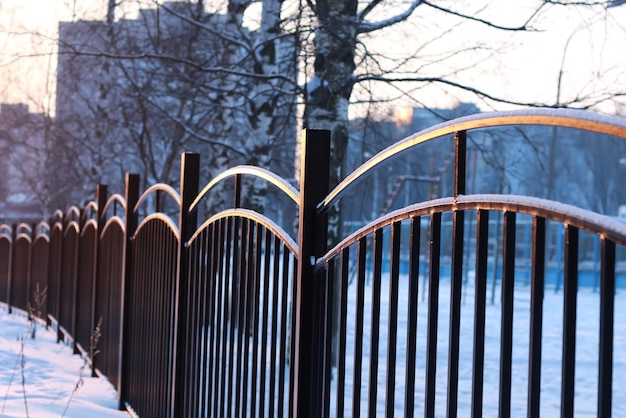 Winter landscape iron fence at sunset