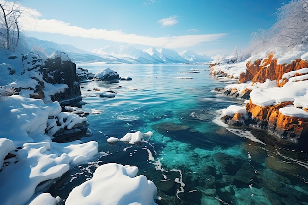 Зимний пейзаж Озеро с кристально чистой водой Лес покрыт снегом