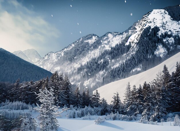 写真 冬 の 景色 壮大な 山々 樹木 に 積もる 雪