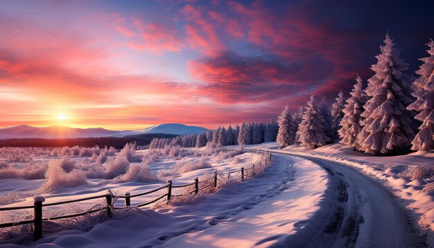 Foto paesaggio invernale montagne maestose alberi innevati prato tranquillo e aria ghiacciata generata dall'ai