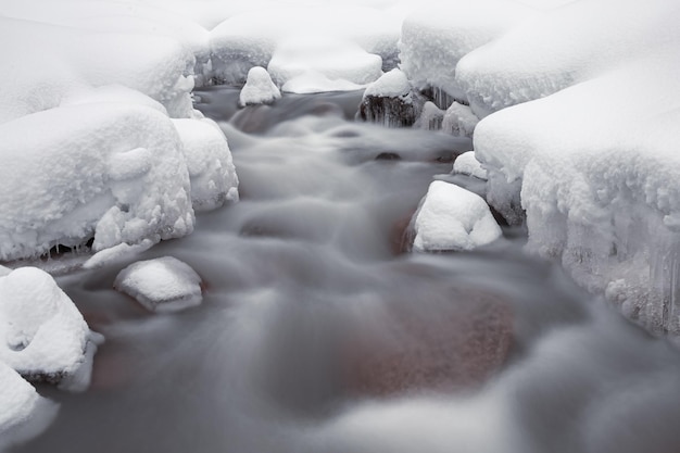 Winter landscape of mountain stream bursting out from under stones covered with caps of white snow