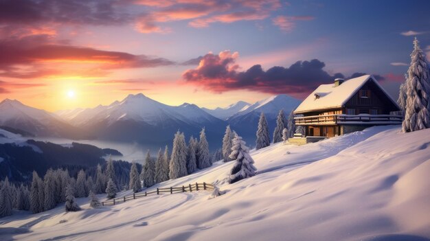 Winter landscape of mountains and forest snowcovered valley with a small house secluded in the pink