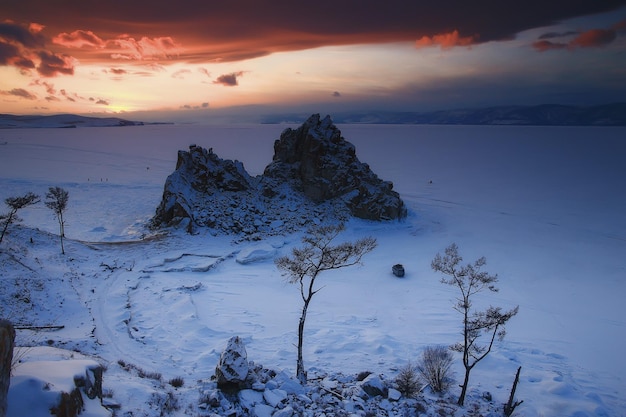 Winter landscape nature lake baikal shamanka rock olkhon\
island