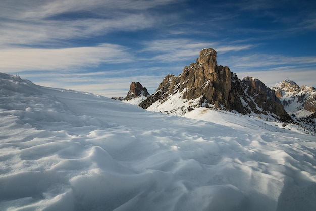 Winter landscape of Passo Giau Dolomites Italy