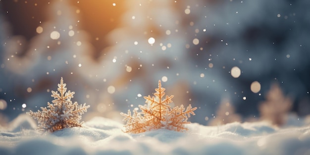 winter landscape Pine trees with snow and forest in the background Abstract blurred snowflakes