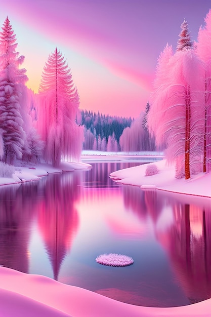 Winter landscape in pink tones