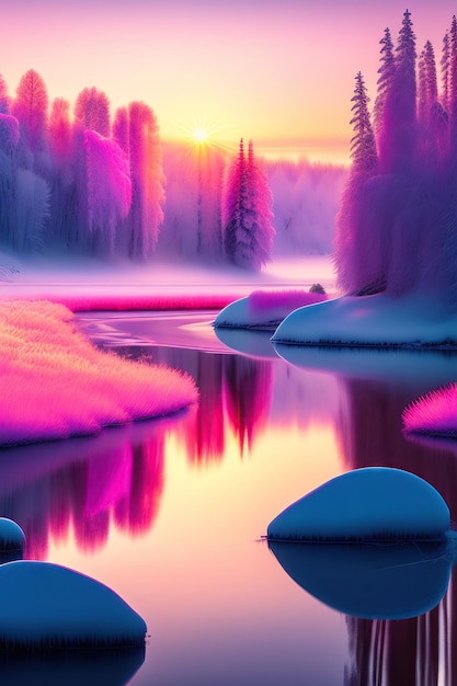 Photo winter landscape in pink tones