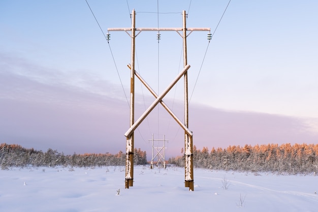 Winter landscape power lines in a snowy field near the forest