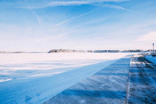 Winter landscape in Russia, Istra lake and trees