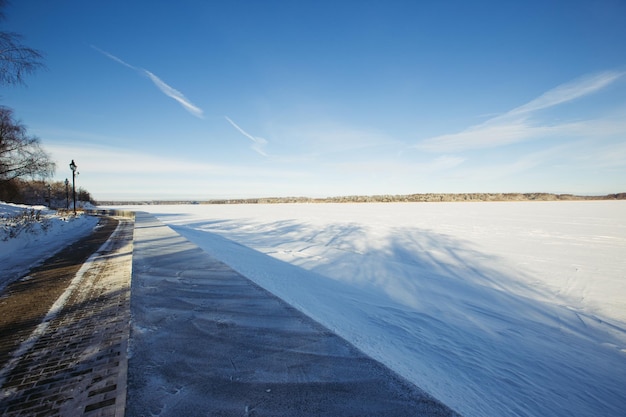 Winter landscape in Russia, Istra lake and trees