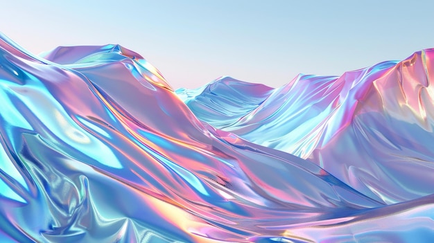 A winter landscape scene surrounded by holographic iridescent glossy cloth in 3D