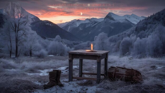 Winter landscape and shabby table on a sunset mountains carpathians ukraine