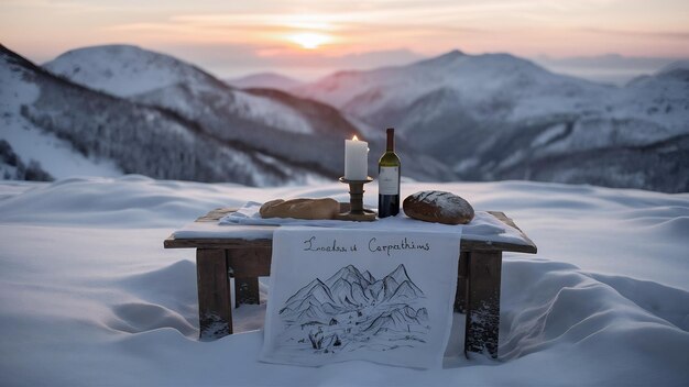 Winter landscape and shabby table on a sunset mountains carpathians ukraine