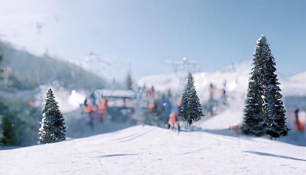 冬の風景とスキーリゾートの雪に覆われたモミの木冬の山で休む雪の山の斜面冬の季節の3Dイラスト