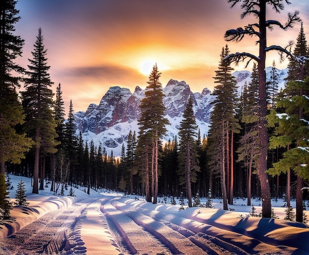 зимний пейзаж снежная дорога с деревьями и горами