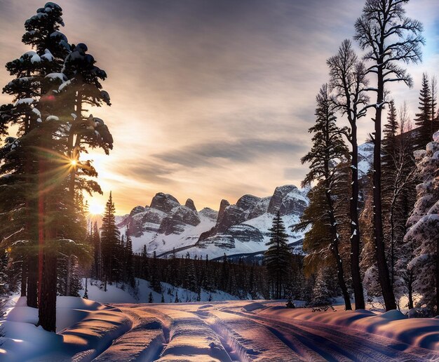 winter landscape snow road with trees and mountains