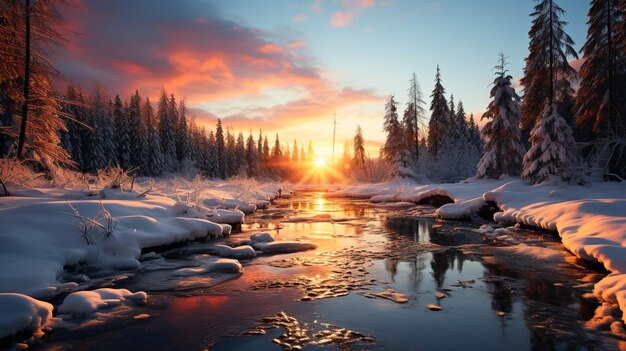 Photo winter landscape snowy forest at sunset moment beauty