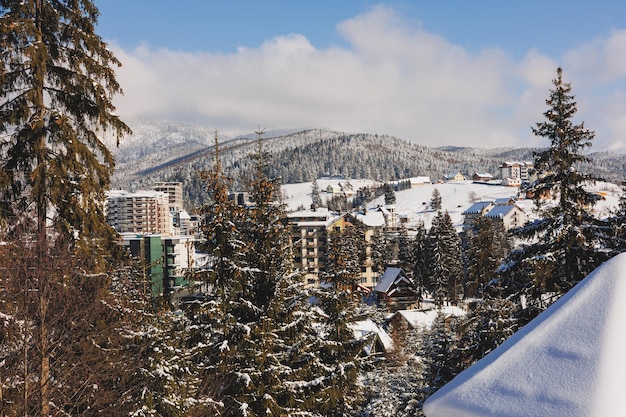 Winter landscape behind a snowy forest Winter in the forest Ski resort