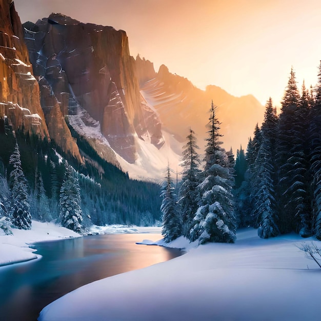 Winter landscape at sunset on the reservoir