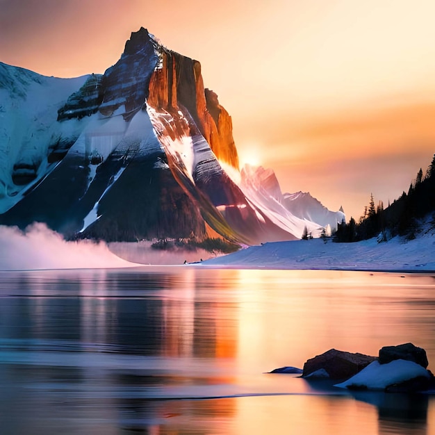 Winter landscape at sunset on the reservoir