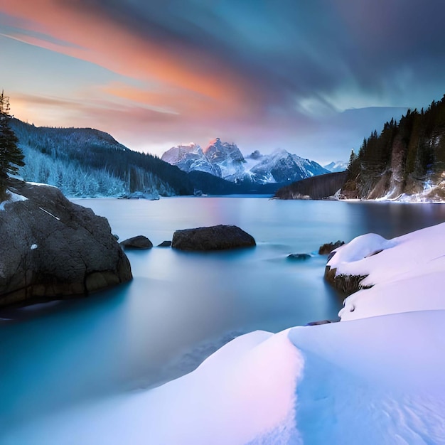 Winter landscape at sunset on the reservoir