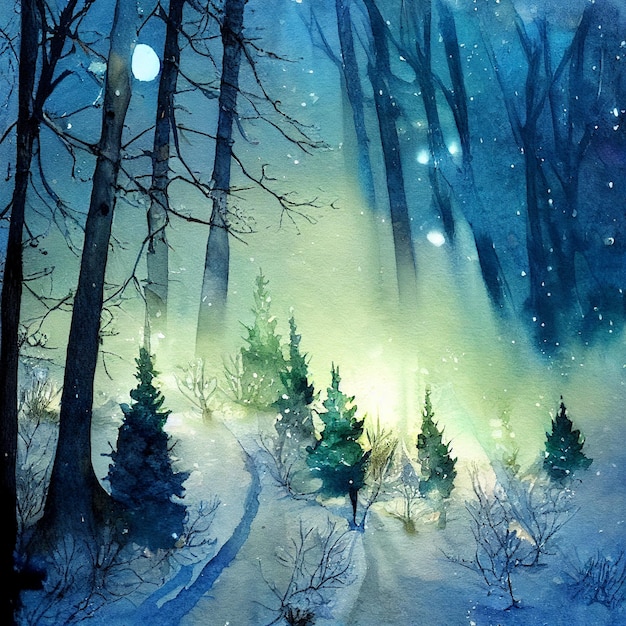 Winter landscape watercolor illustration cold snowy nature background christmas holiday season postcard colorful forest hand drawn wallpaper