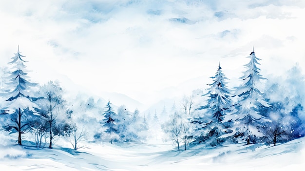 Winter landscape in watercolor style New year and Christmas forest among snowdrifts and falling snow