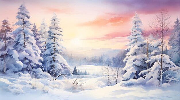 Winter landscape in watercolor style