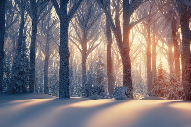 Winter landscape Winter road and trees covered with snow 3d render Raster illustration