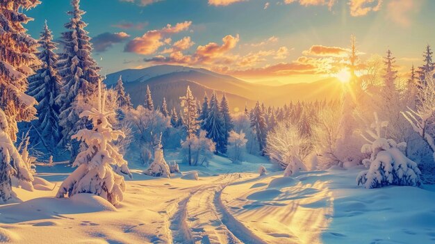 Фото Зимний пейзаж с заснеженной горой на заднем плане