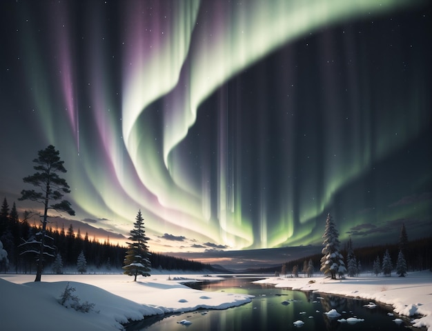 A winter landscape with the aurora borealis above it