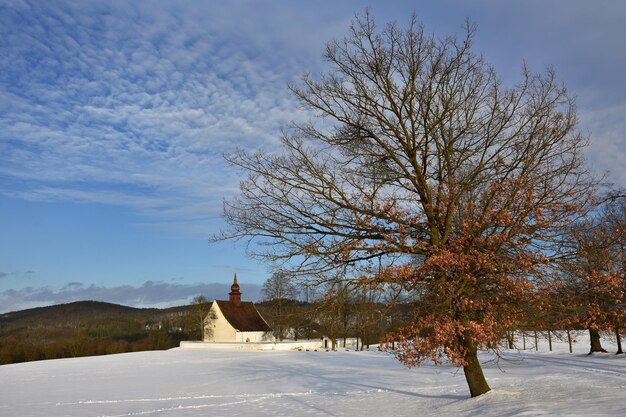 Winter landscape with a beautiful chapel near castle Veveri Czech Republic city of Brno The Chapel of the Mother of God