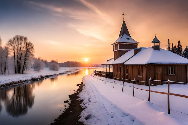 A winter landscape with a church in the foreground and a river in the background.