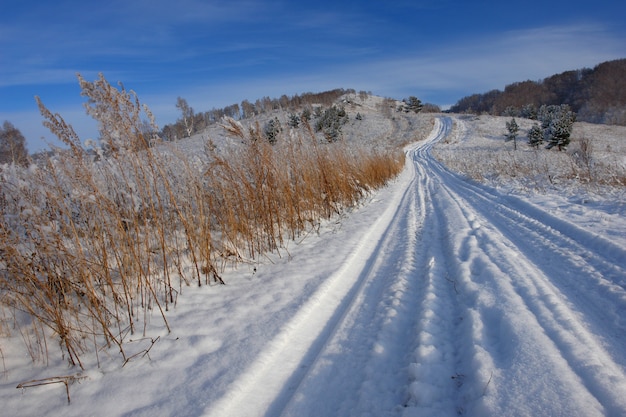 田舎道のある冬の風景